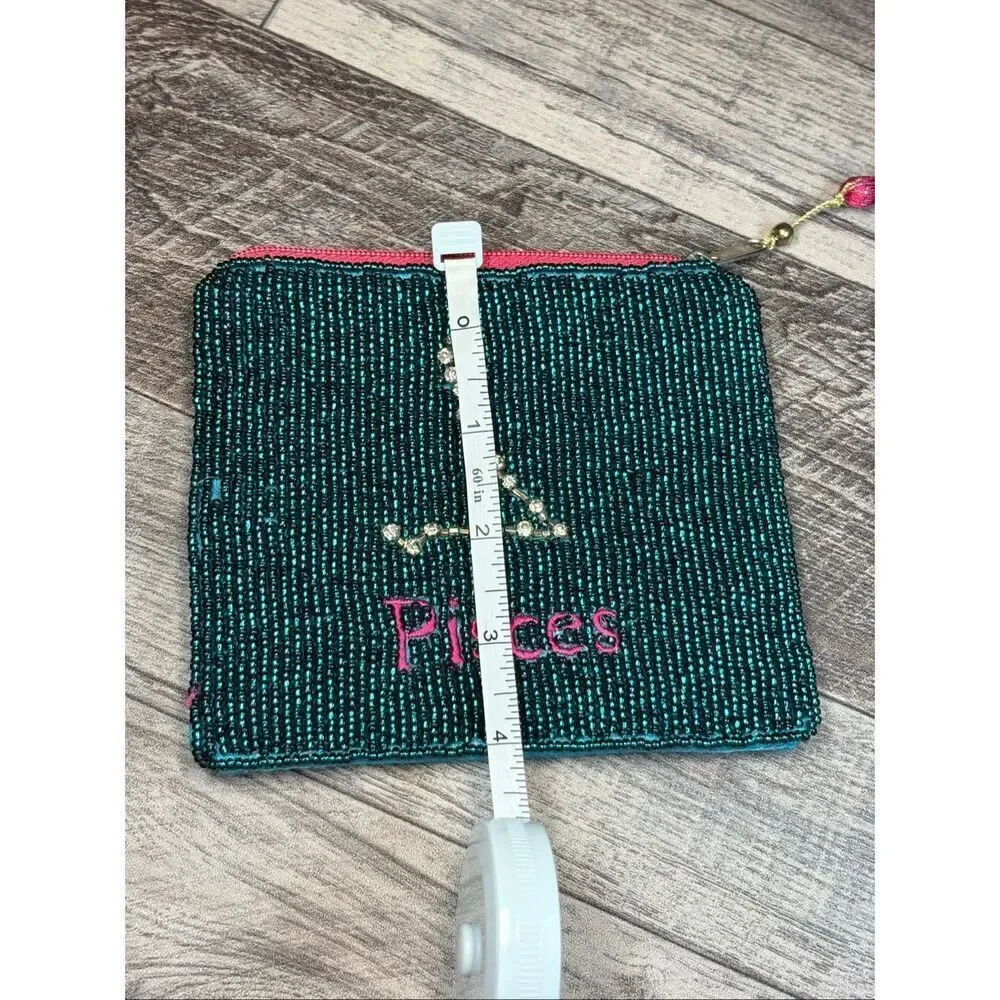 Beaded Pisces Zodiac Coin Purse | Teal & Pink Astrology Pouch with Rhinestone Co
